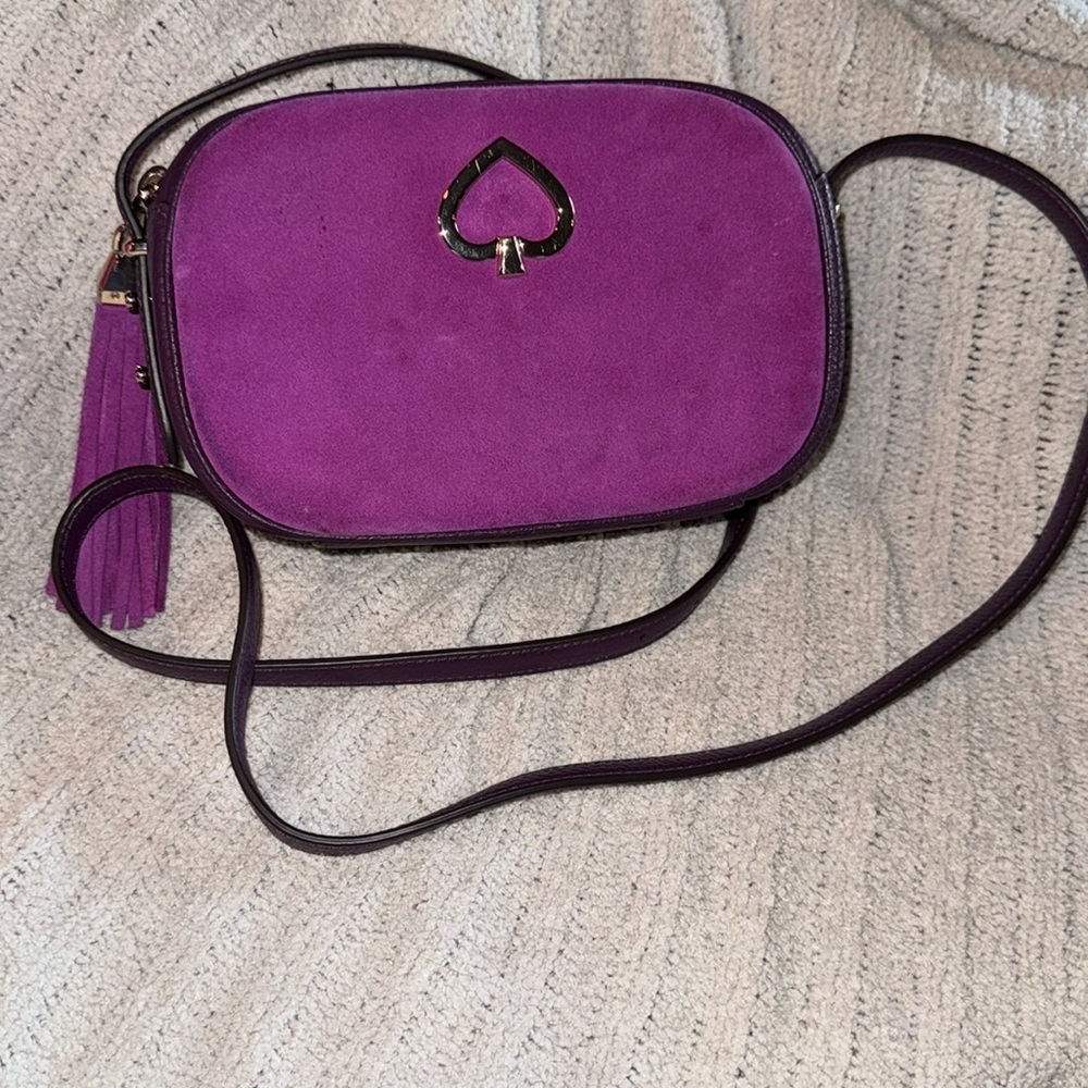 RARE Kate Spade Purple Leather & Suede Crossbody bag- Shiny gold “Spade” on back
